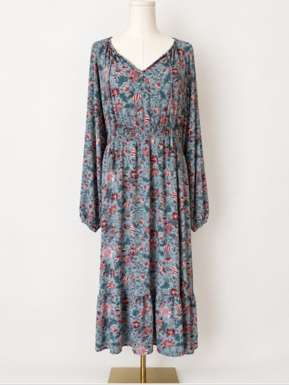 Floral Long Sleeve Maxi Dress in Dusty Blue